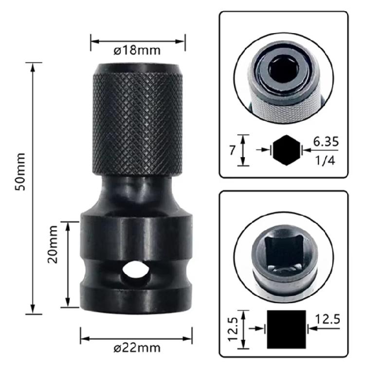Impact Wrench Adapter 1/2Inch Square Drive to 1/4Inch Hex Socket Converter Attachment Quick Changing Drill Bit Holders
