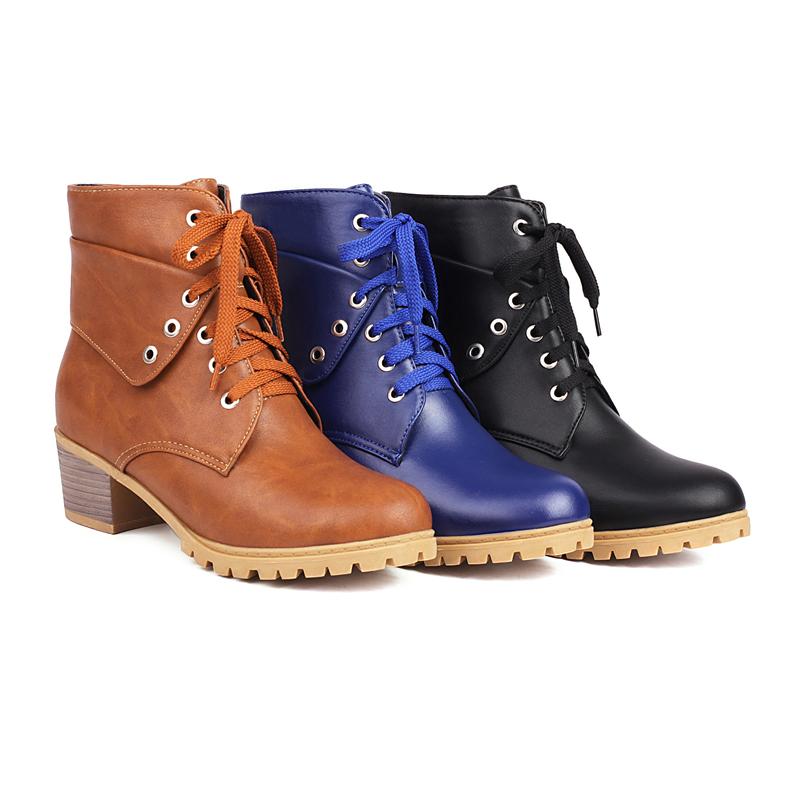 FOREADA Women Ankle Short Boots Round Toe Thick Mid Heels Lace-up Combat Boots Ladies Fashion Shoes Winter Black Blue Camel 43