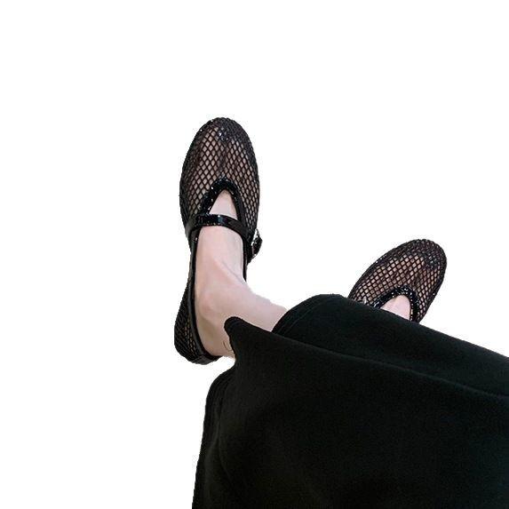 Версия из овчины~ Кожаные сандалии из полой сетки, женские летние сандалии с пряжкой в одно слово, с круглым носком, плоским дном, неглубоким горлом, одинарные туфли Мэри Джейн