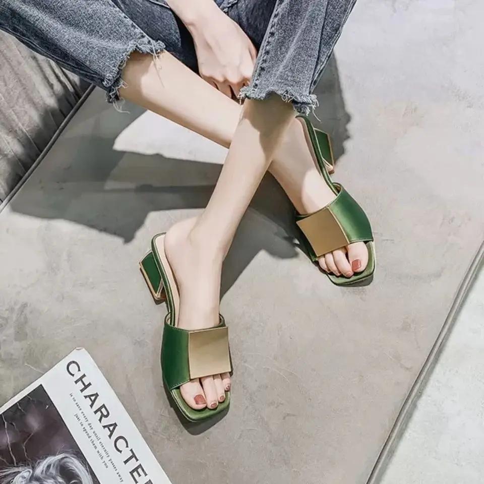 Fashion Women's Slippers and Ladies Sandals Square Toe With Heel Shoes On Sale Small Size Slip-resistant H Sandal Clappers Pvc 39 Slides
