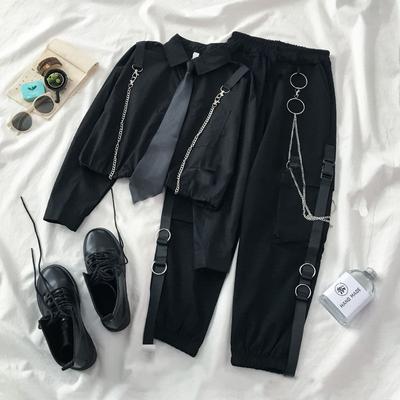 Женские комплекты, новый стильный костюм, корейская свободная рубашка с галстуком + двухсекционный индивидуальный комбинезон с высокой талией, винтажный Harajuku, Прямая поставка в стиле панк
