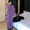 Women's Purple High-Collar Knit Sweater & Wide-Leg Pants Set - Trendy Two-Piece for Autumn/Winter