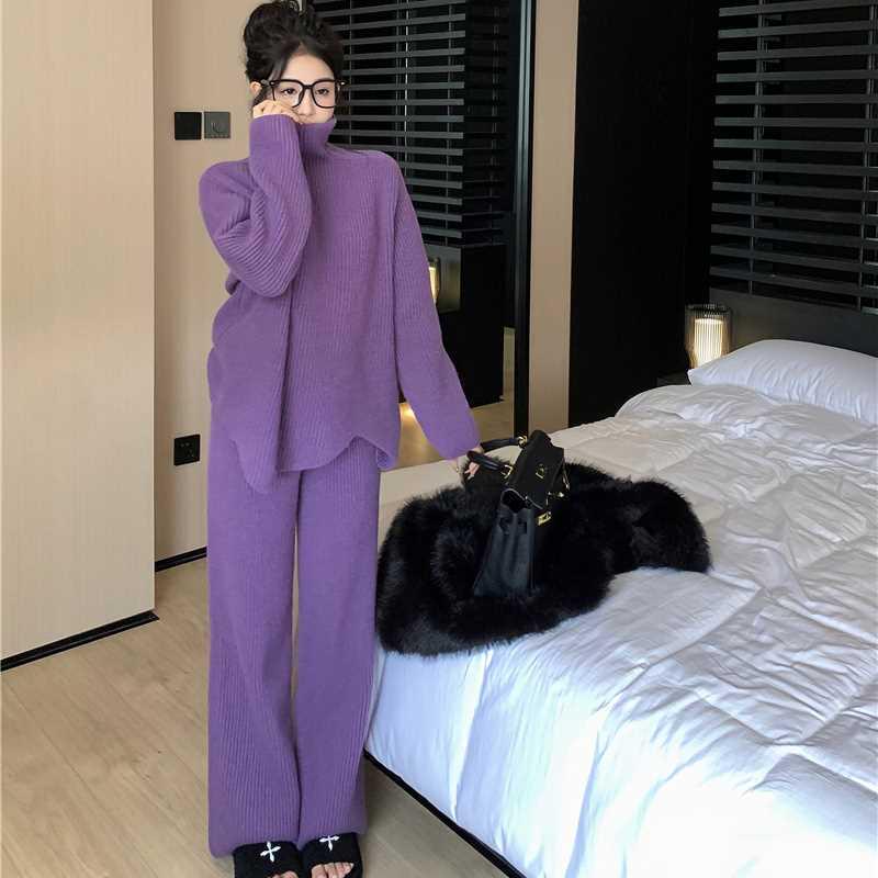Women's Purple High-Collar Knit Sweater & Wide-Leg Pants Set - Trendy Two-Piece for Autumn/Winter