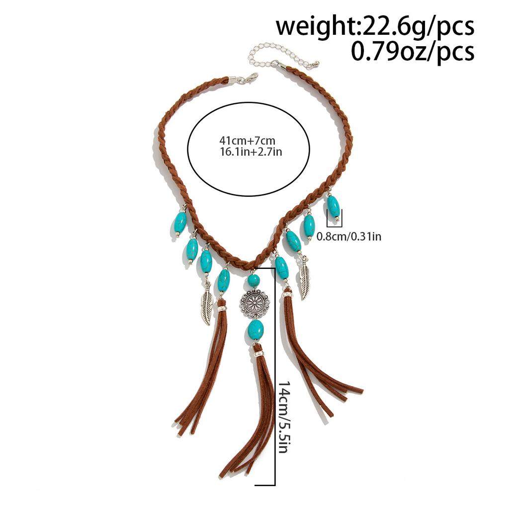 Ethnic Style Women Leaf Choker Woven Rope Leather Tassel Turquoise Stone Pendant Necklace Feather Retro Bohemian Necklaces