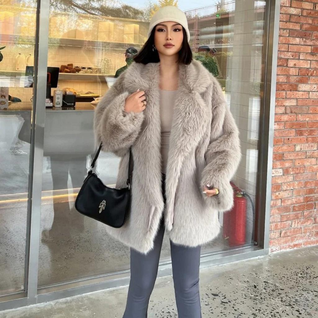 Fashionable Street Style Fox Fur Coat Loose Suit Collar Medium Long Imitation Fur Coat for Women Autumn-winter Fur Overcoat