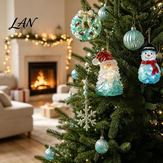 Holiday Gift Ideas Sea Glass Christmas Ornaments, 2D Flat Acrylic Tree Santa Snowman Reindeer Angel Home Decor Wreath Hanging Decoration, Coastal