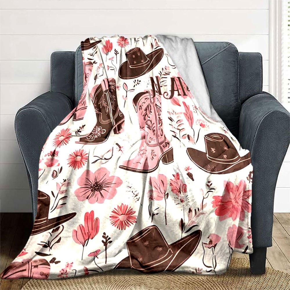 Western Cowboy Hats Boots Floral Home Customize Your Name Blankets Soft Comfortable Lightweight Quilted Blanket For Picnics Sofa Office Bed Living