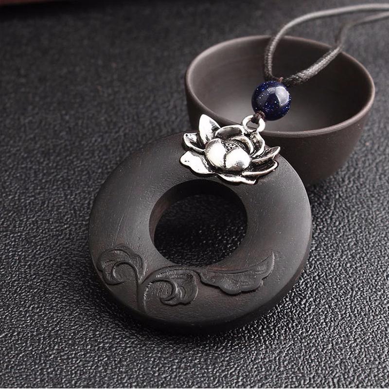 Винтажное ожерелье с подвеской в ​​виде лотоса из черного сандалового дерева, этническое регулируемое длинное деревянное ожерелье-свитер из веревки