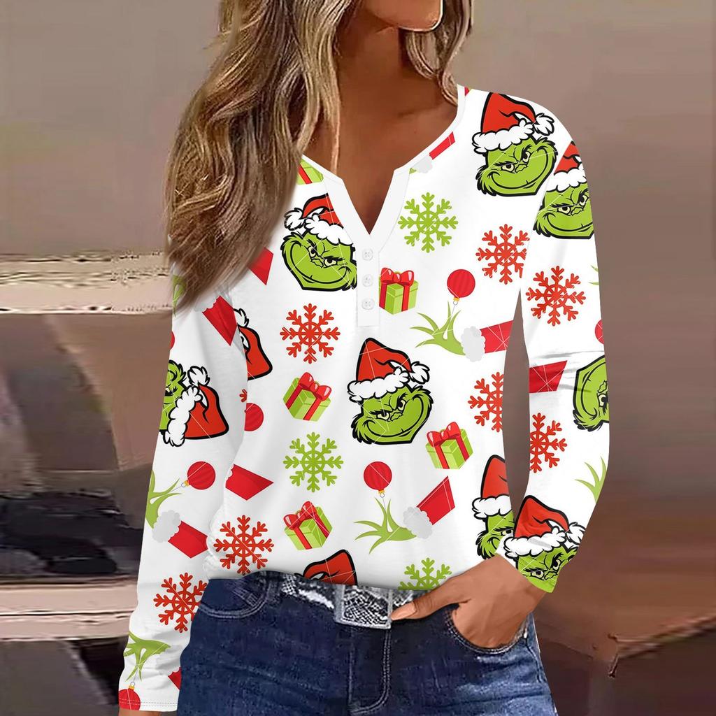 Women's Straight Shoulders Christmas Print Long Sleeve Straight Shoulders V-Neck Button T-Shirt Top