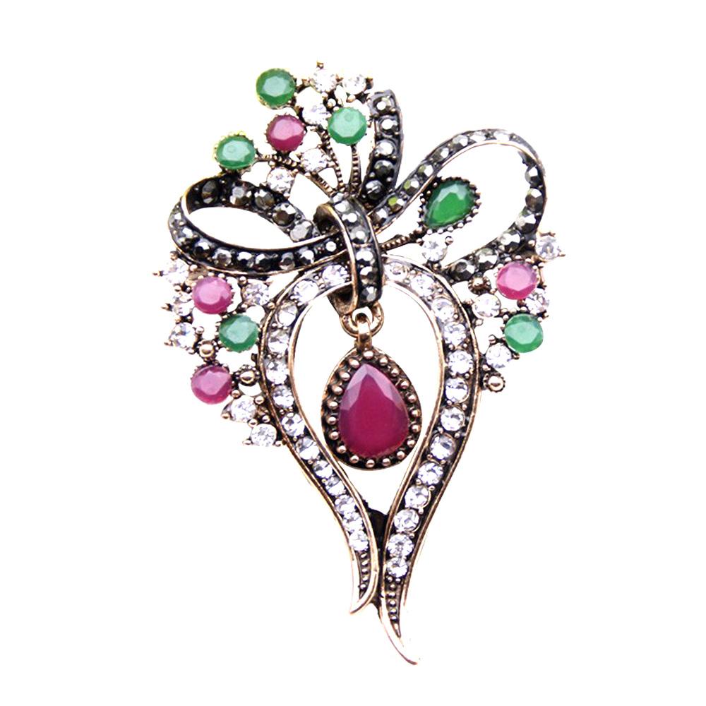 Vintage Women's Bow Brooch Dress Brooch Crystal Antique Gold Color Resin Bohemian Bridal Jewelry