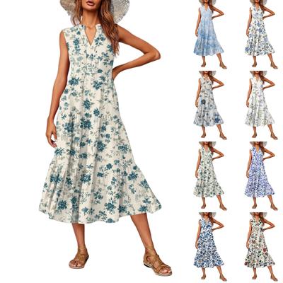 Женское повседневное и модное платье средней длины с V-образным вырезом без рукавов и принтом