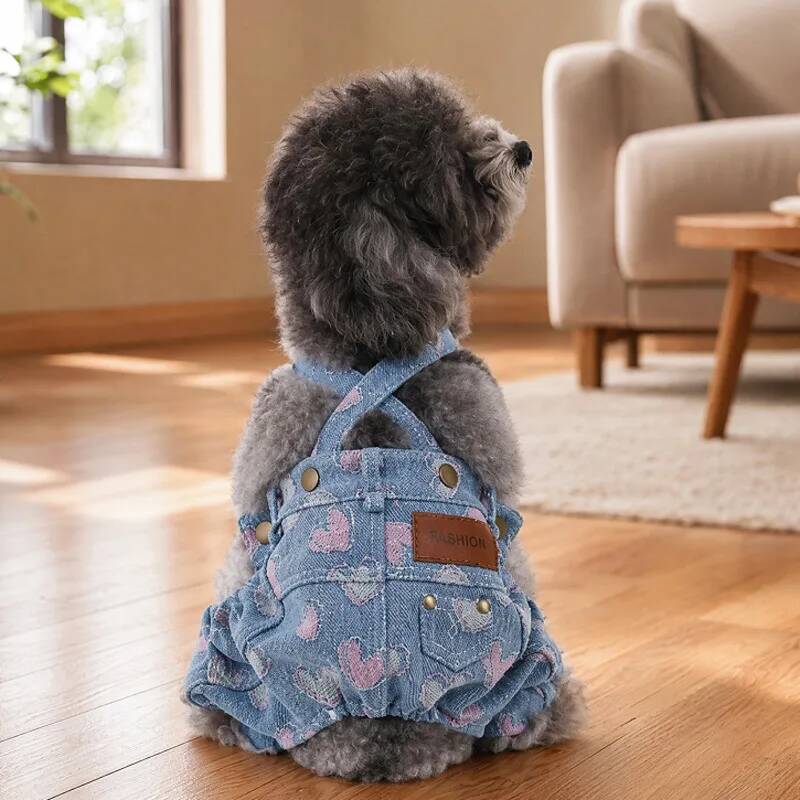 BXX Small Dog Denim Overalls With Cute Heart Print Pet Clothes For Teddy Bichon Shih Tzu Lightweight Daily Wear