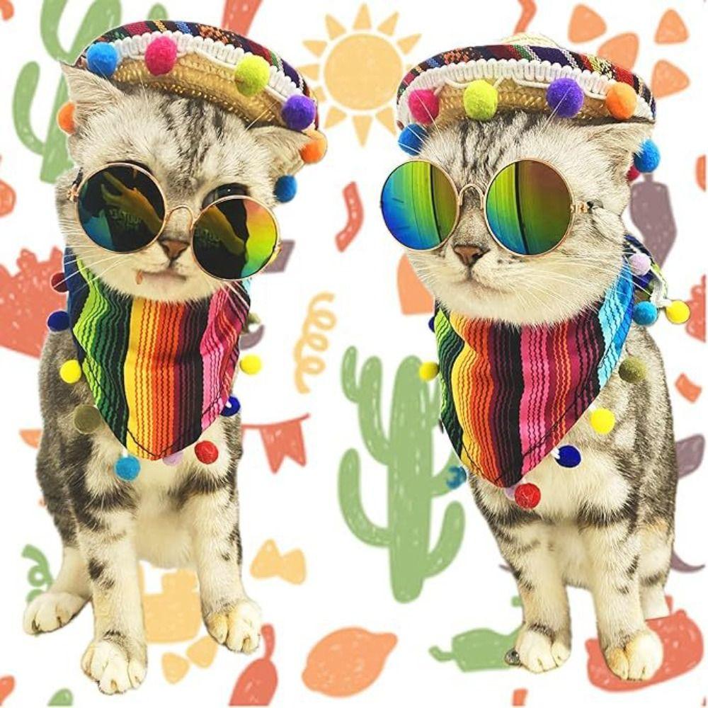 Mexican Style Striped Pet Triangle Scarf Multicolor Pet Neckerchief  Hairball Grass Hat