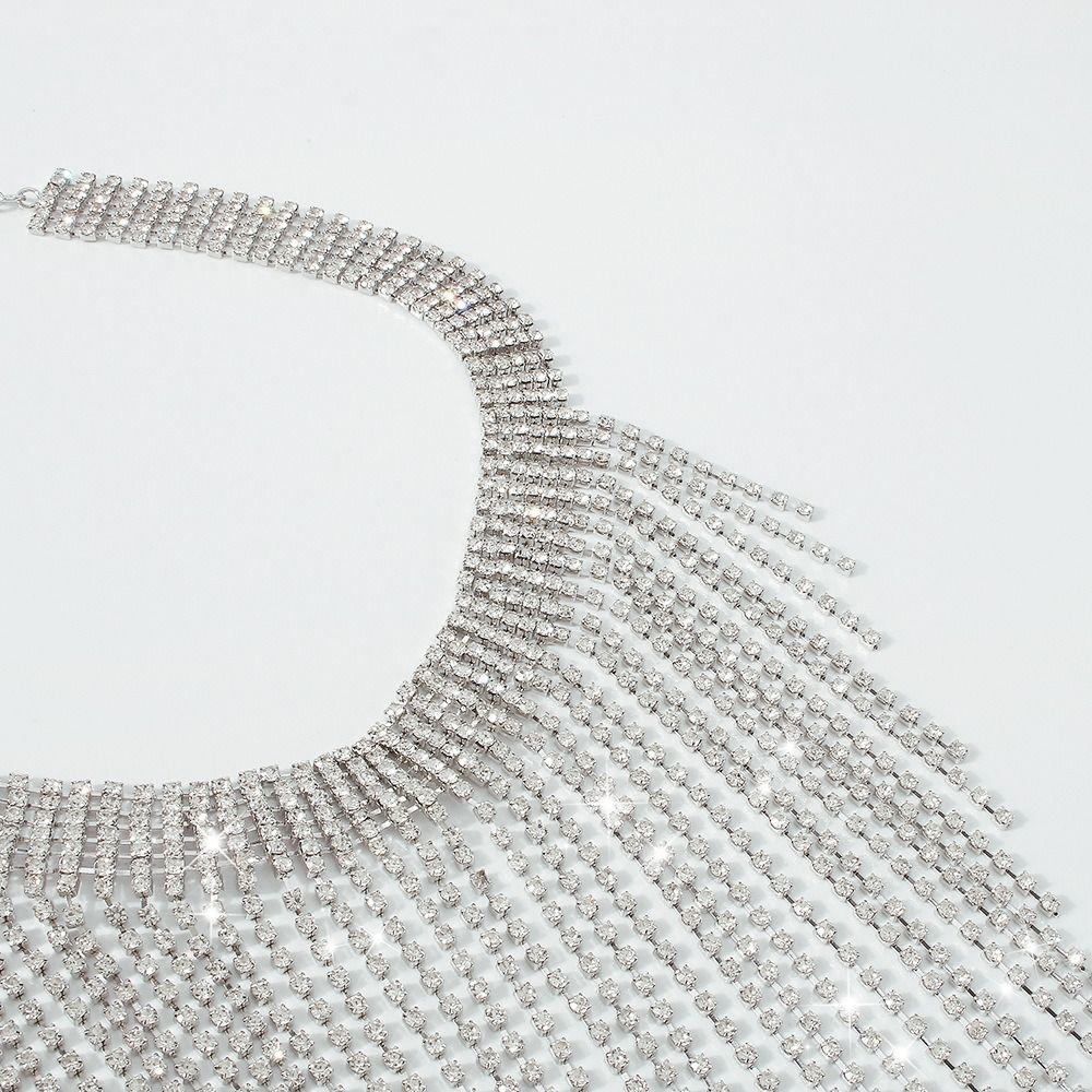 Geometric Long Tassel Necklace Sparkling Clavicle Chain Sweet Full Rhinestone Necklace Women