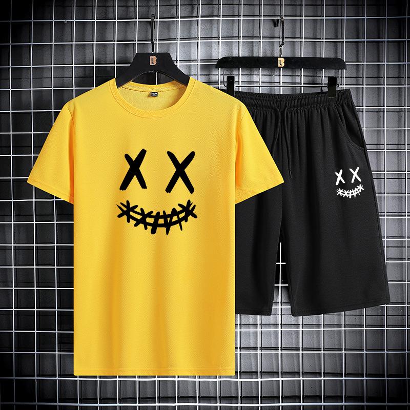 Мужской летний спортивный костюм с круглым вырезом и короткими рукавами, футболка, шорты длиной пять четвертей, облегающий модный комплект из двух предметов, мужская одежда