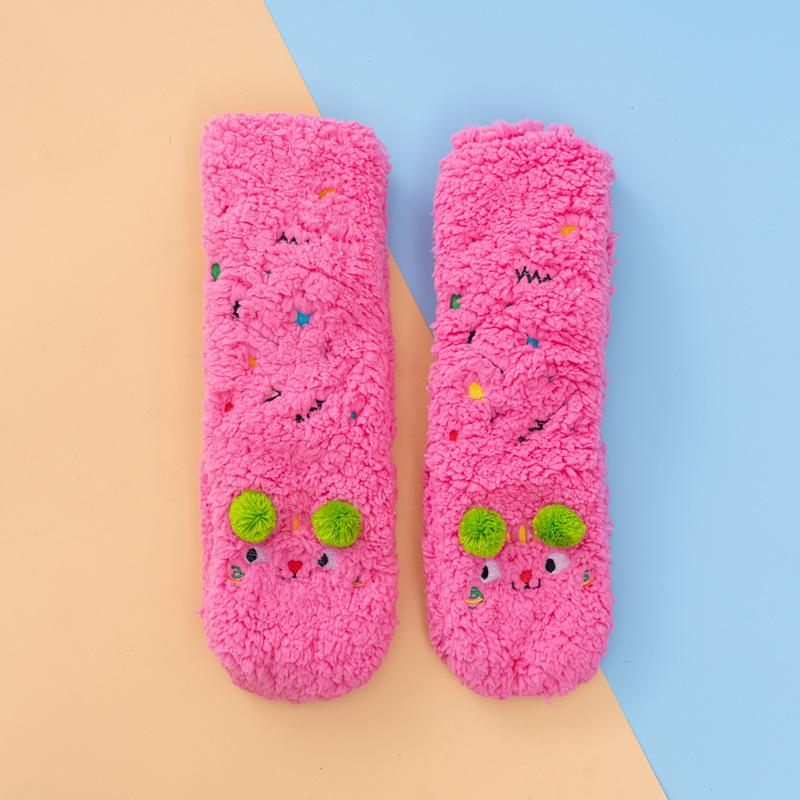 Lamb wool floor socks children's cartoon embroidery foot warm home sleep socks autumn and winter fleece thickened warm confinement socks