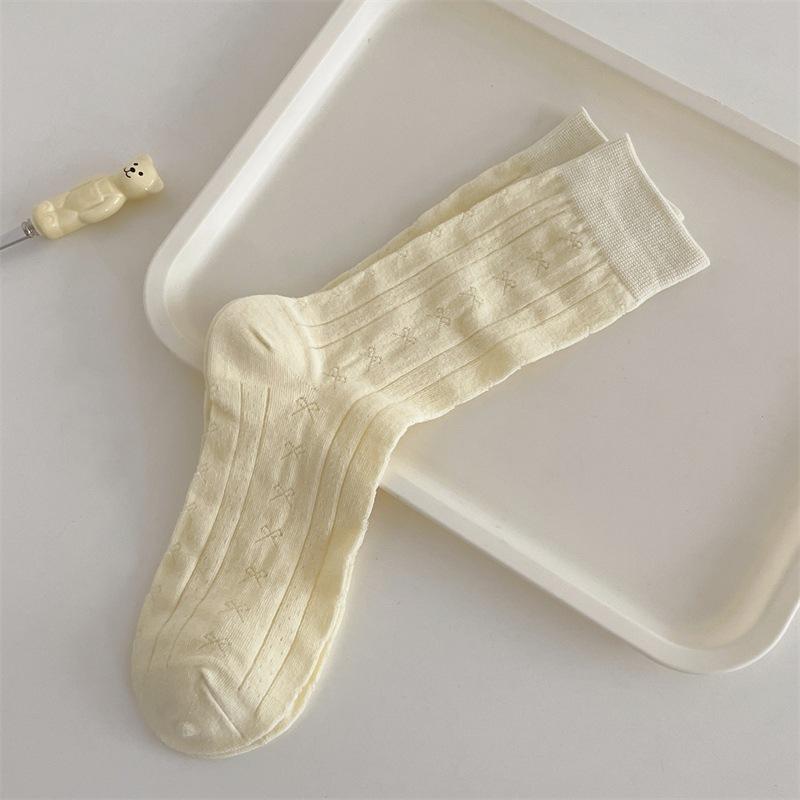 Women's Summer Thin Dark Grain Breathable Cotton Bow In The Tube Stack Socks