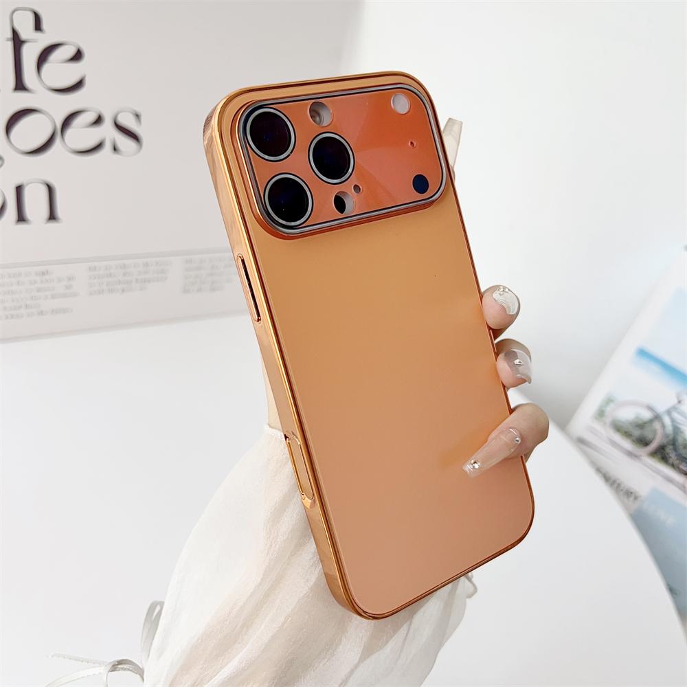 Glass Large Window Lens Protect Case For iPhone 17 16 15 14 13 12 Pro Max Plus Solid Color Shockproof Phone Cover Coque