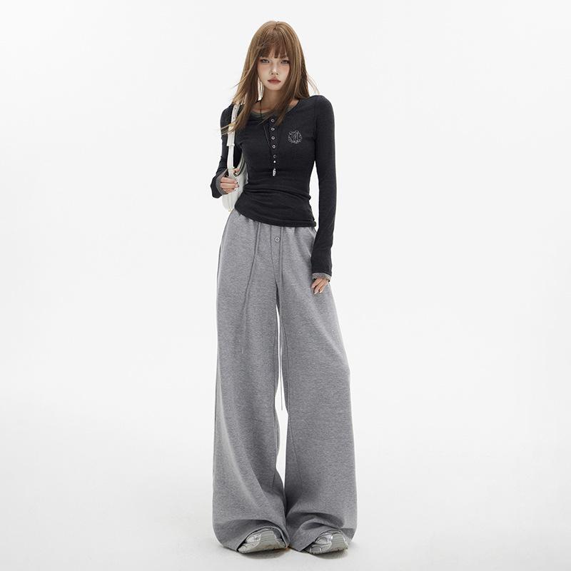 Women's 2-Color Elastic Waist Wide-Leg Pants with Drawstring - Spring 2025 Casual Slim Straight Floor-Length Drape Style
