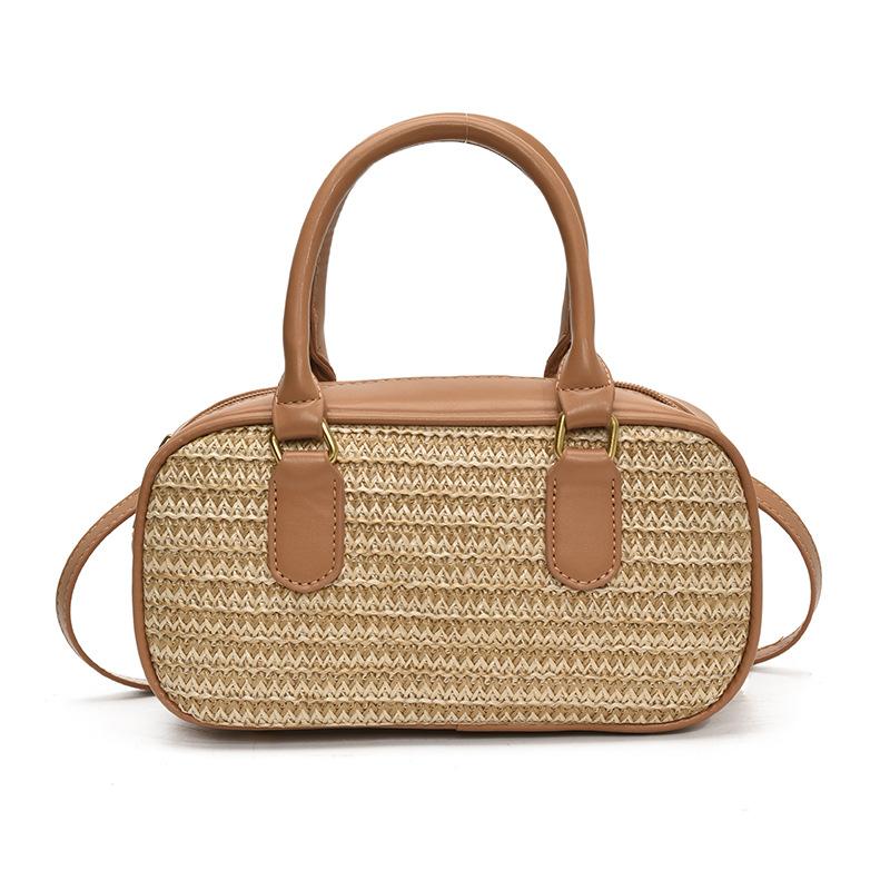 Niche Design Spring and Summer New Straw Box Bowling Bag 2025 New Versatile Splicing Shoulder Handbag Women