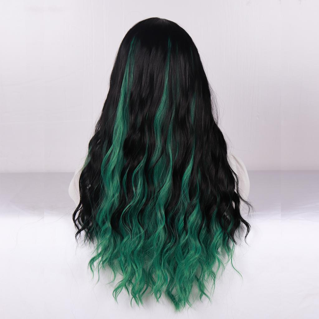 MERISIHAIR Green Wig with Bangs Blue Color Wig Wet and Wavy Long Loose Curly Wave Synthetic Heat Resistant Fiber Black Ombre Green Hair Wig for Women