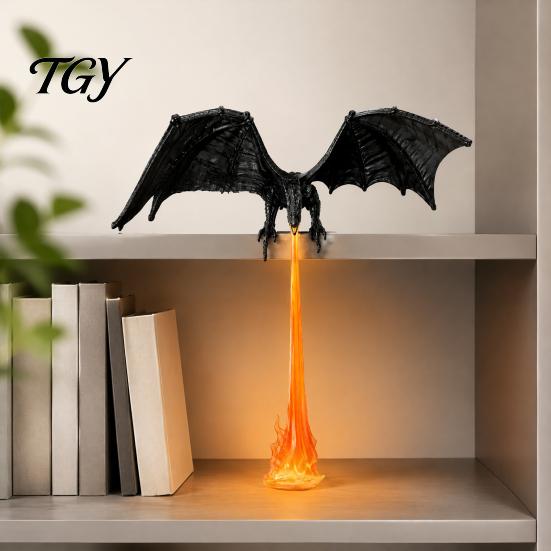 Illuminated Bookcase Sculpture Dragon Bookshelf Nook Light with LED Flame Effect, Fantasy Shelf Decor, Unique Gift for Bookworms Flying