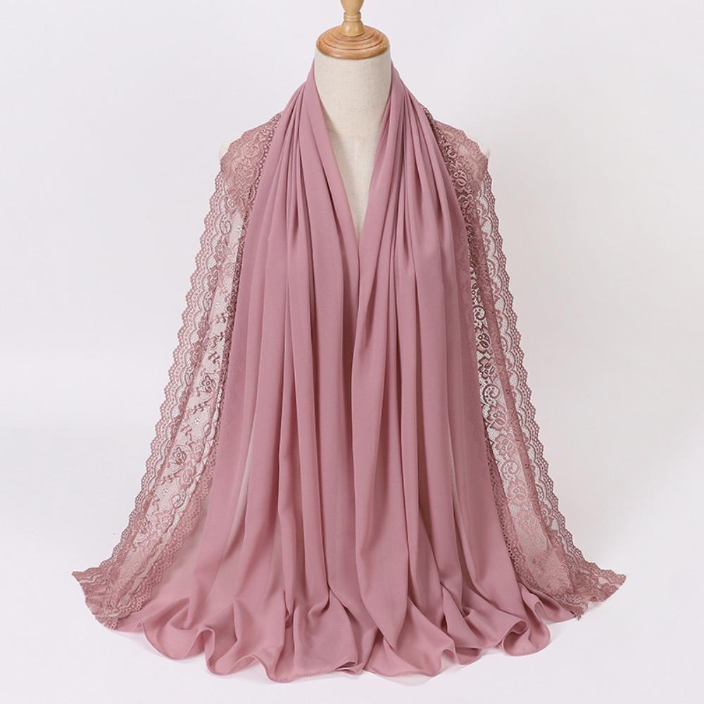Solid Color Silk Scarf Lace Edge Ramadan Headscarf Versatile Headwraps Women Headwear