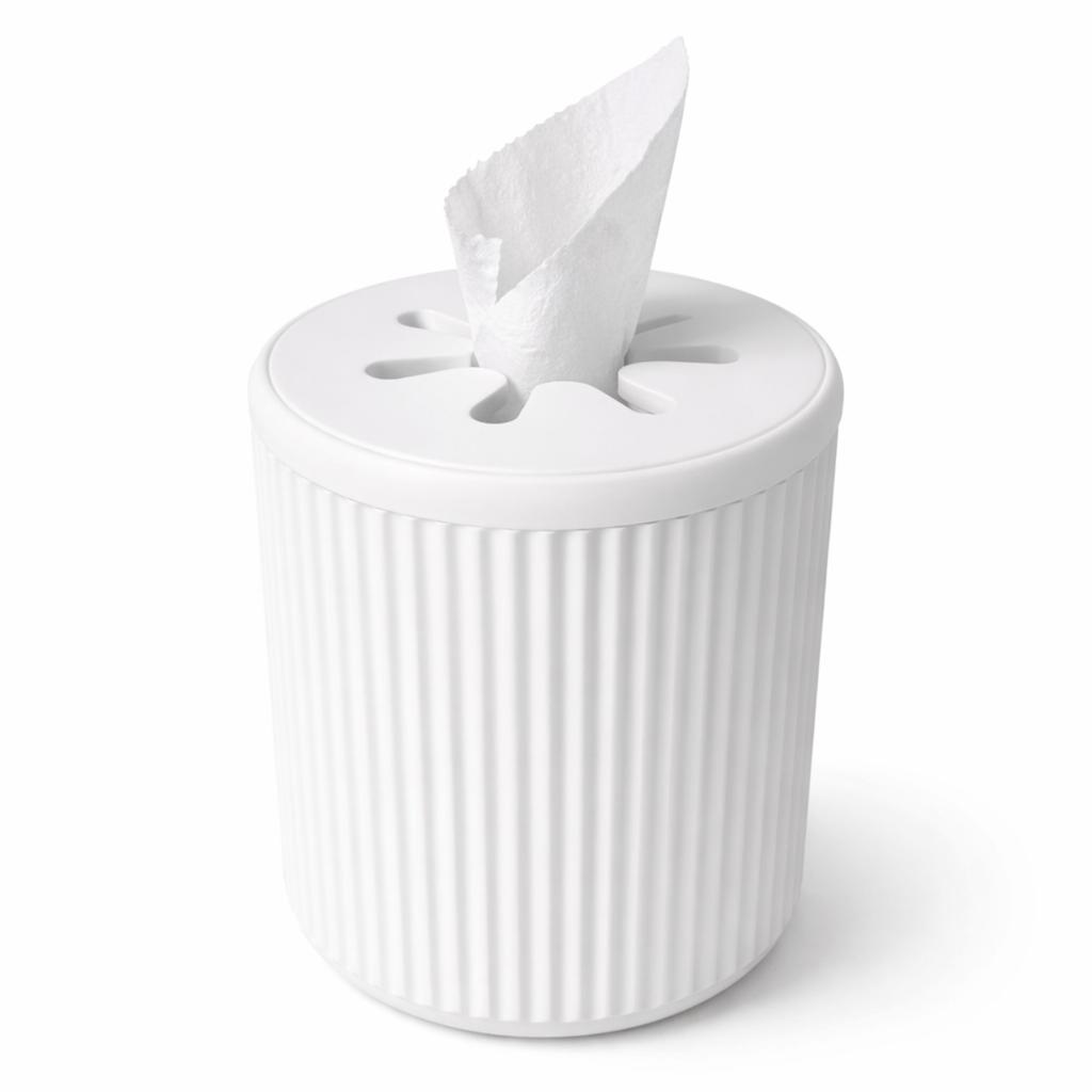 White tissue box with a roll of paper, grooved organizer