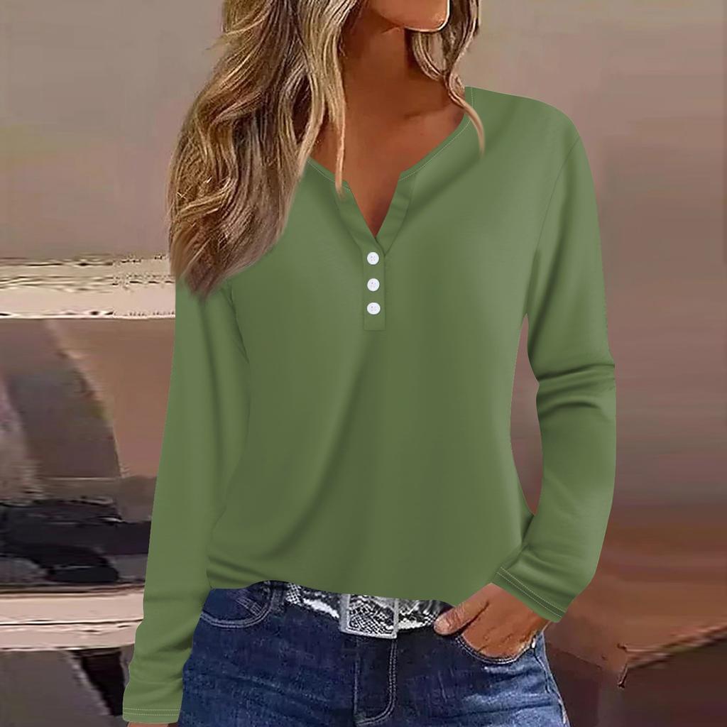 Women's T Shirt Tee Button Long Sleeve Daily Weekend Fashion Basic V- Neck Regular Top