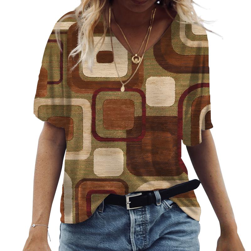 Womens Vneck Short Sleeve Abstract Curve Printed Tops Loose Tshirt Casual Blouse