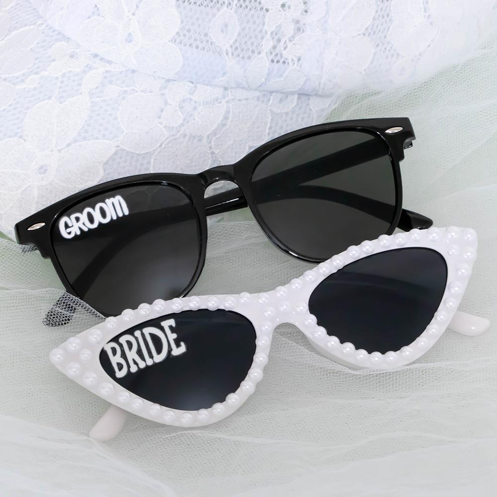 2Pcs Bride Groom Sunglasses Pearl Heart Sunglasses Bride To Be Wedding Day Honeymoon Engagement Bridal Shower Bachelorette Party