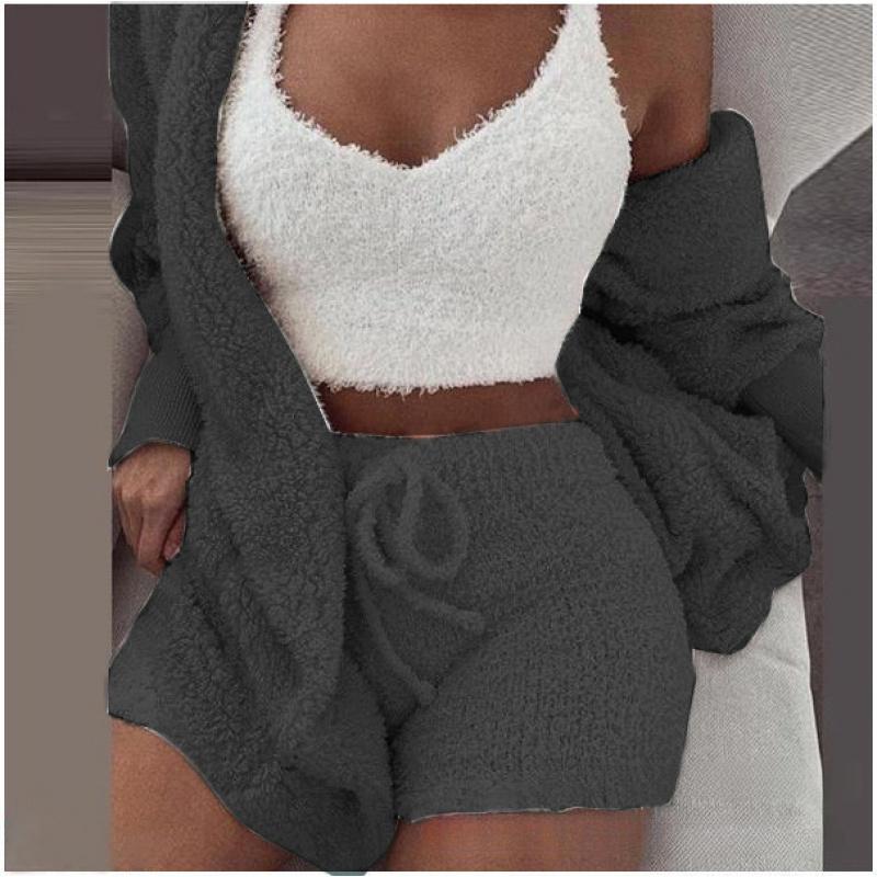 Women's Winter Plush Home Clothes Casual 2-Piece Pajamas Long-Sleeved Shorts Sports Suit for Women