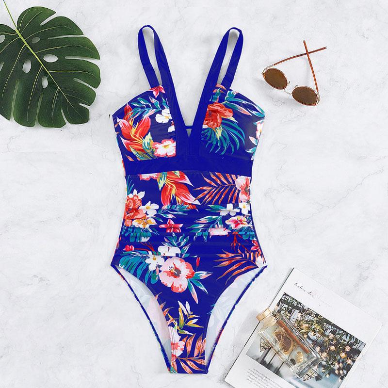 One Piece Women Swimwear Deep V Floral Print Swimsuit
