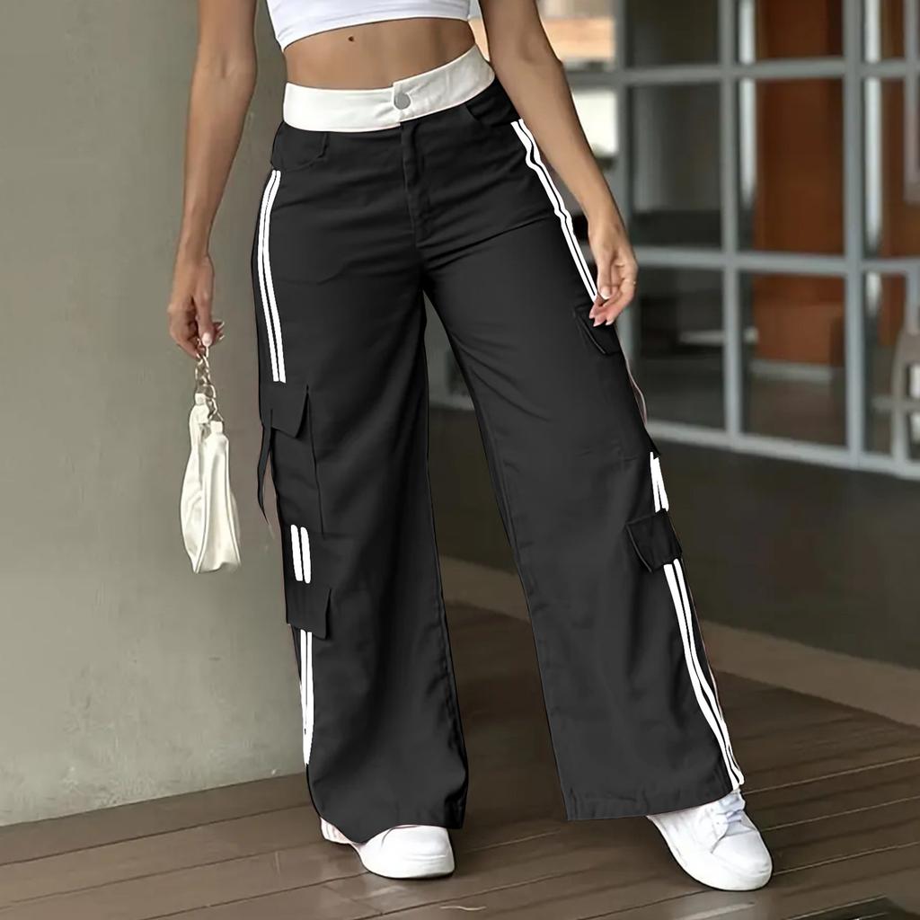 Ladies' Fashionable Side Striped Straight Leg Pants With Elastic Waist Pocket, Casual Sports Pants