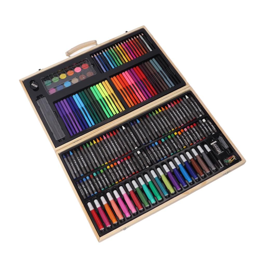 Kids Drawing Kit Wood Box Packed Assorted Bright Colors Multi Purpose Wooden Art Set for Children