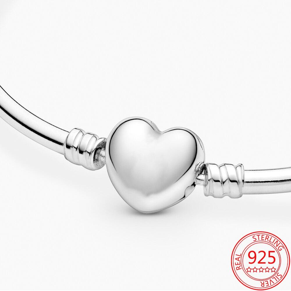 Распродажа 925 пробы стерлингового серебра Pan Moment Simple Heart застежка жесткий браслет с подвесками модные ювелирные изделия
