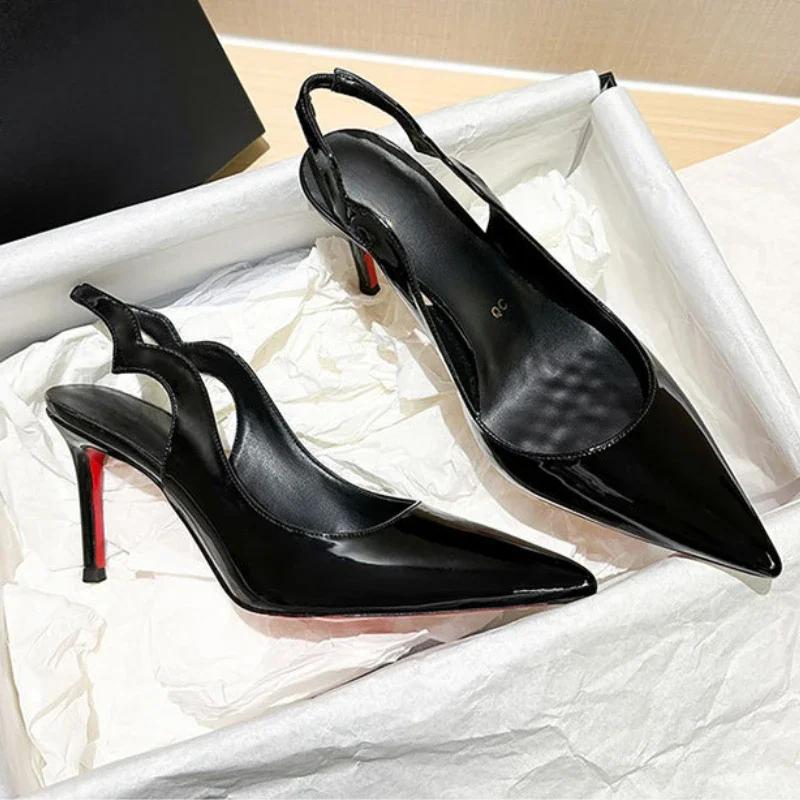 Мода Сексуальный Бренд Острый Носок Тонкий Высокий Каблук Женщины Полые Элегантные Офисные Туфли Лакированная Кожа Классические Дизайнерские Сандалии Женские Туфли-Лодочки