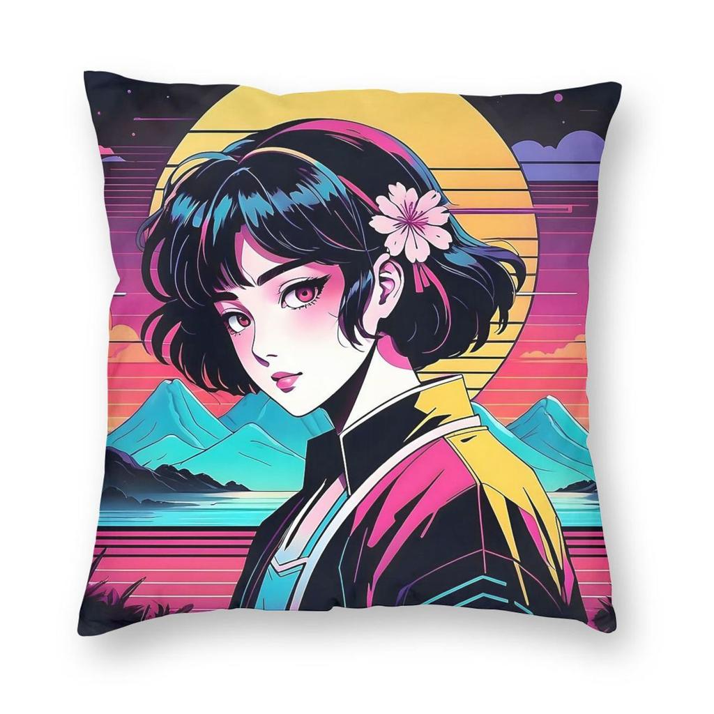 Retro Synthwave Summer Aesthetic Pillowcase Polyester Linen Velvet Creative Decorative Throw Pillow Case Car Cushion Case 45X45