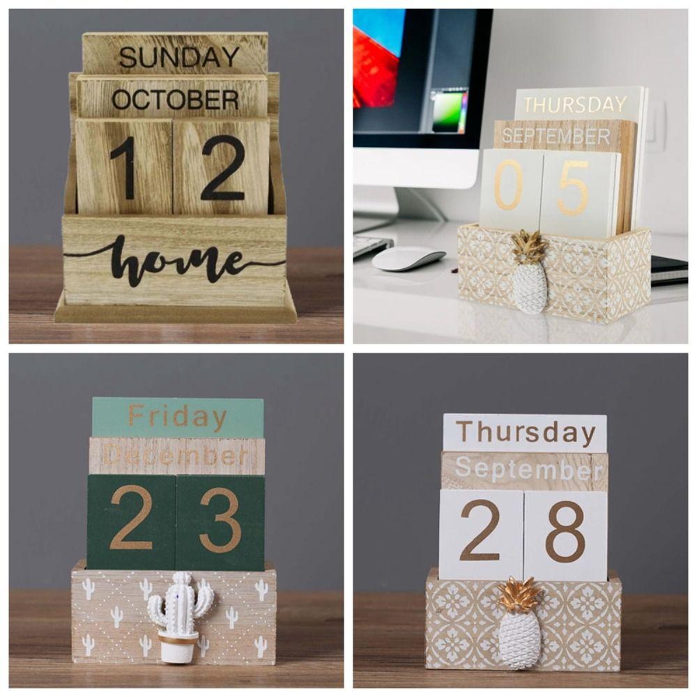 Pineapple Desk Calendar Ornament Cactus Date Display Ornament Wooden Perpetual Calendar Office