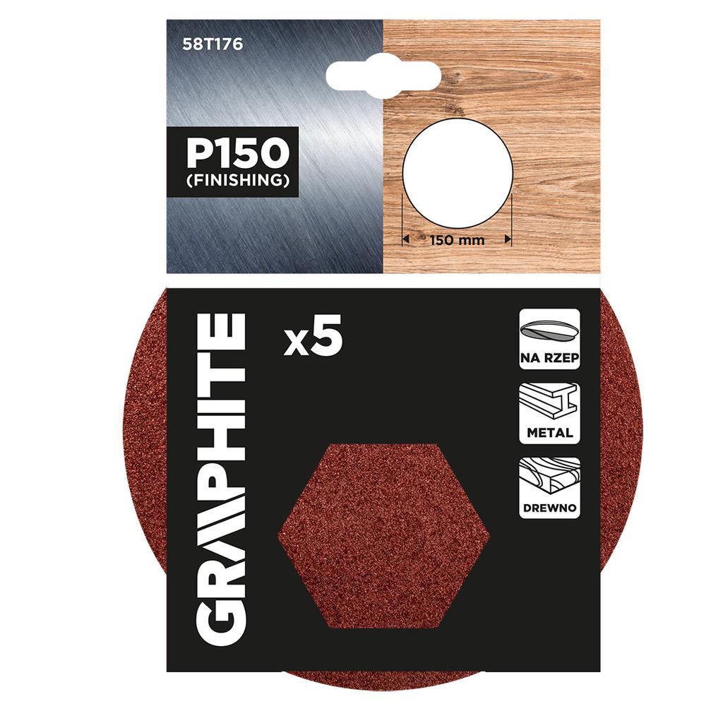 Krążki ścierne na rzep 150 mm, P150, 5 szt., bez otworów