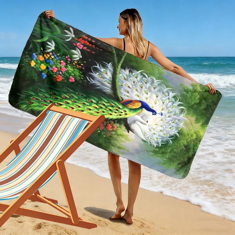Peacock Oil Painting Print Beach Towel, Large Soft Quick Dry Towel for Beach Camping Swimming