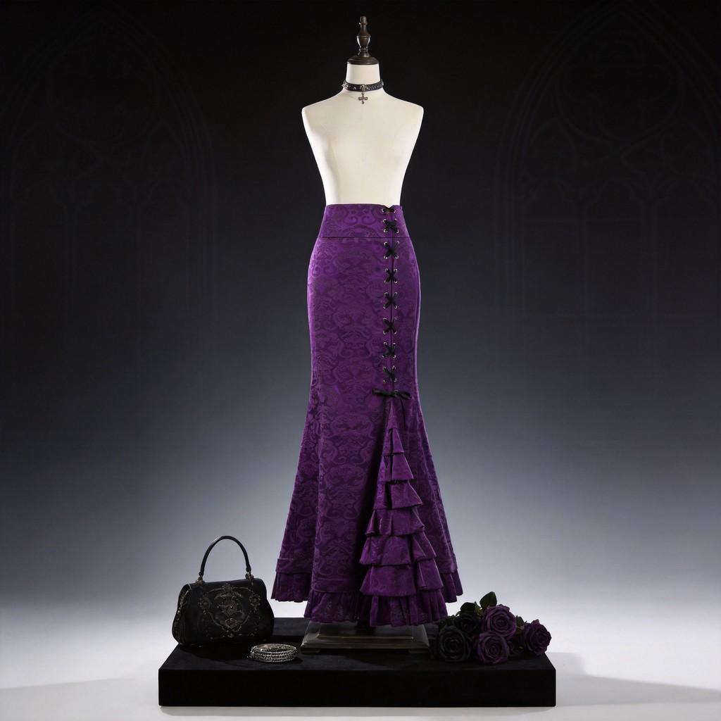 Gothic Halloween Long Skirt With Tapestry Fish Tail Design For Cosplay And Nightlife