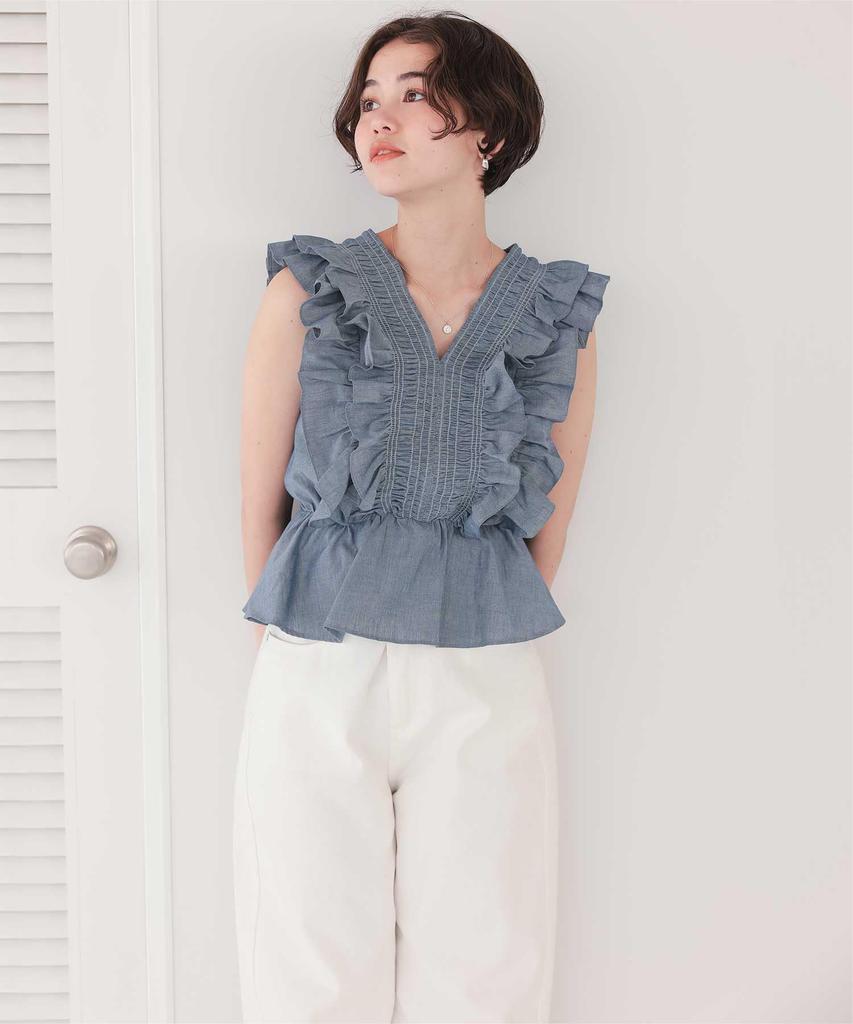 Titibait Блузка без рукавов с оборками AFXP4275 Средне-голубая Женская