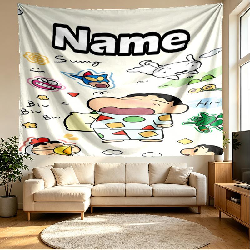 Custom Name Personalized Crayon Shin Print Tapestry, Wall Art Decor, Bedroom, Dorm, Apartment, LivingRoom, Party Backdrop, Gift for Birthday