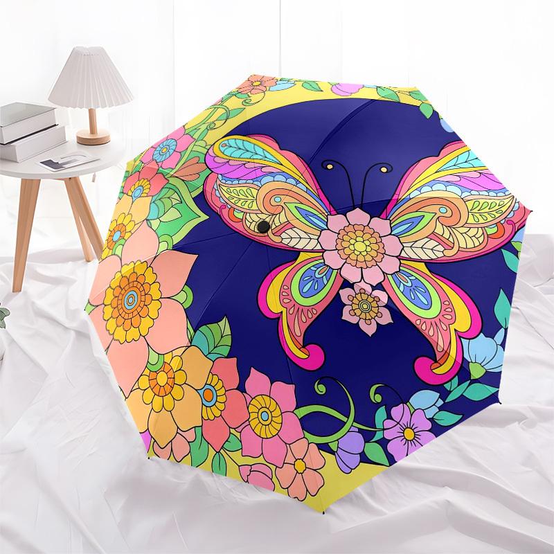 1pc Butterfly Flowers Mandala Artwork Umbrella with Plastic Handle,Vibrant Cartoon Pattern,Multi-functional UmbrellaPT059