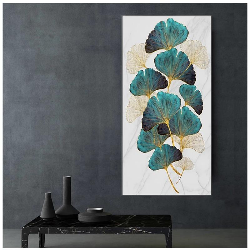 Скандинавская гостиная, вход, крыльцо, декоративная живопись, зеленое золото, листья растений, холст, картина, современная домашняя декоративная живопись, ядро