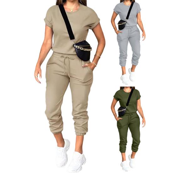 Женский спортивный костюм с коротким рукавом Yousheng, повседневный топ с круглым вырезом и джоггеры на шнурке с карманами, женский спортивный комплект из двух частей