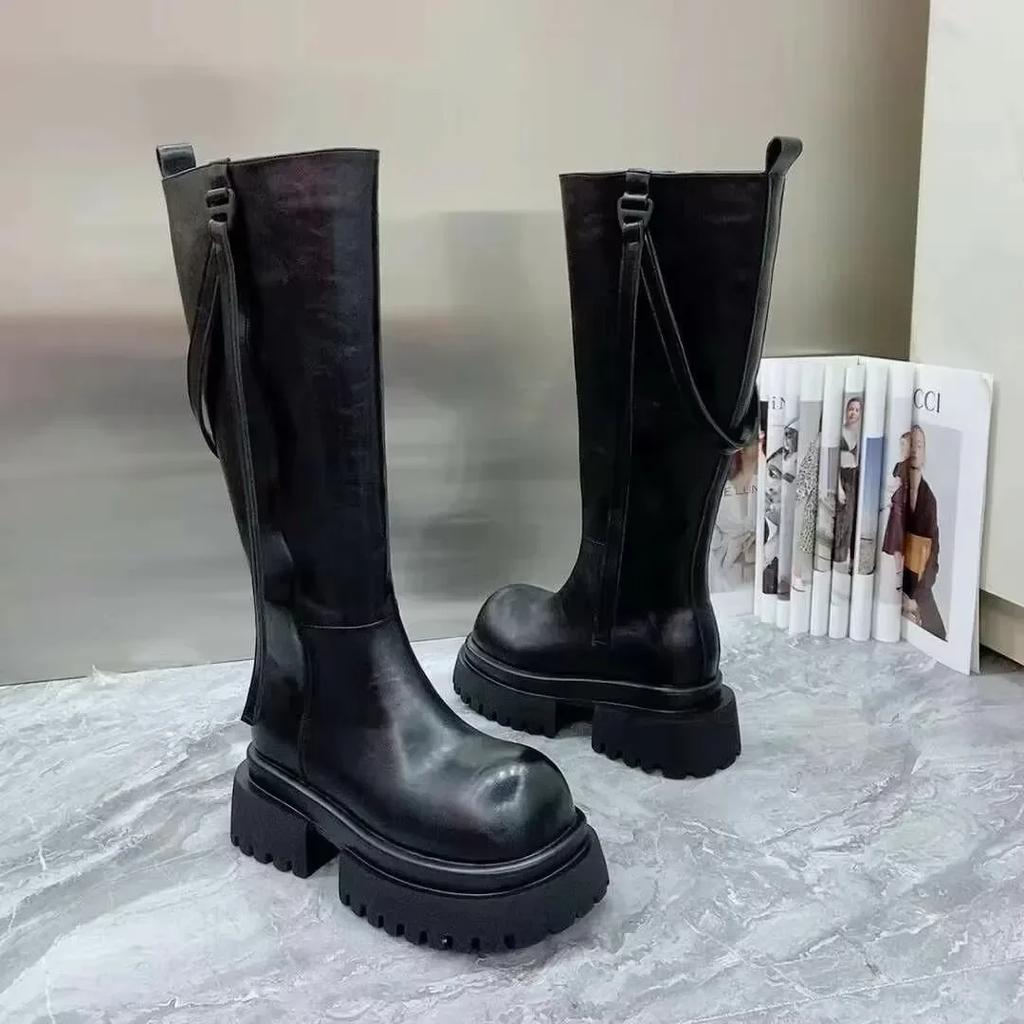 Женские высокие сапоги на платформе, массивные высокие каблуки, кожаные туфли, женская зимняя мода 2024 года, готические мотоциклетные ботинки, зимние челси, Botas Mujer
