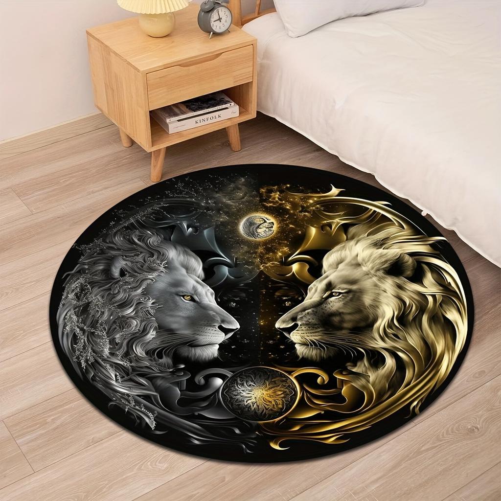 1pc Retro Abstract Lion Pattern Round Floor Mat,Lightweight Non-slip Waterproof And Stain-proof Mat,Suitable For Living Room Bedroom Kitchen