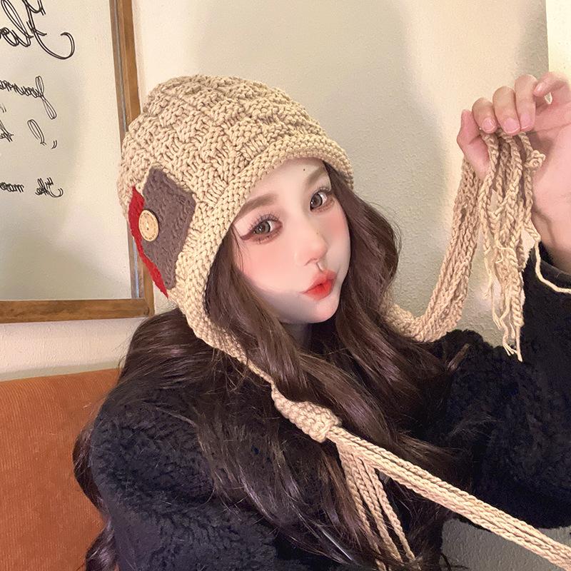 Red Hat for Women In Autumn and Winter Warm Wool Hat Tassel Knitted Hat Hand-knitted Ear Protection Hat for Women